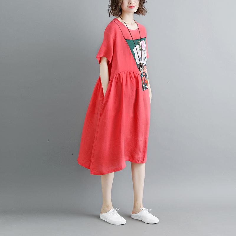 Summer Short Sleeve Red Pockets Dress