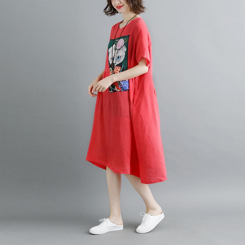 Summer Short Sleeve Red Pockets Dress