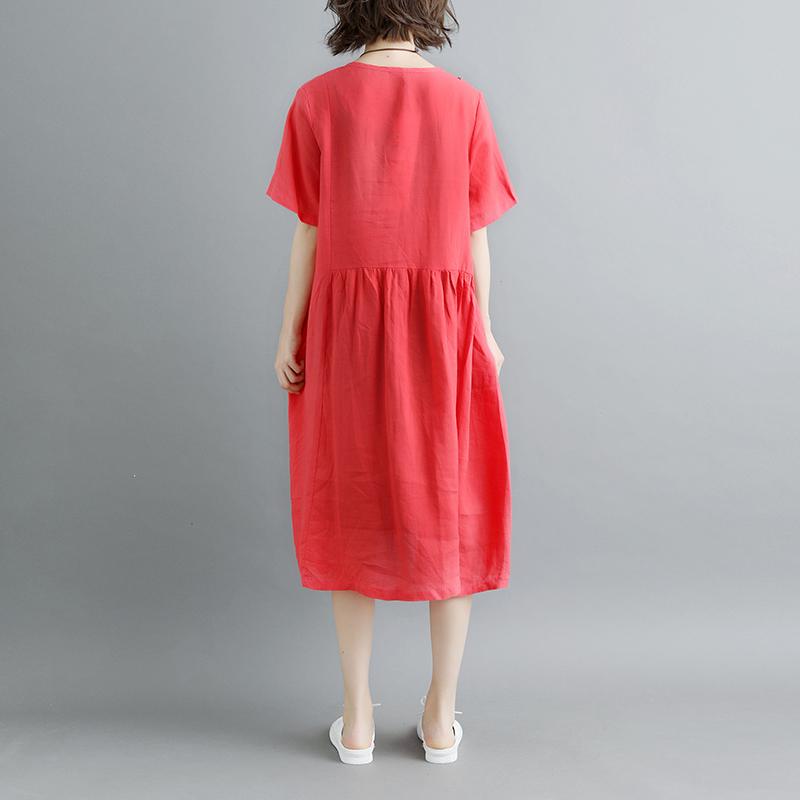 Summer Short Sleeve Red Pockets Dress