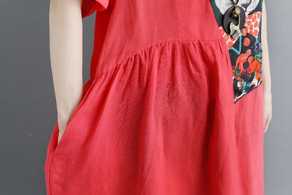 Summer Short Sleeve Red Pockets Dress