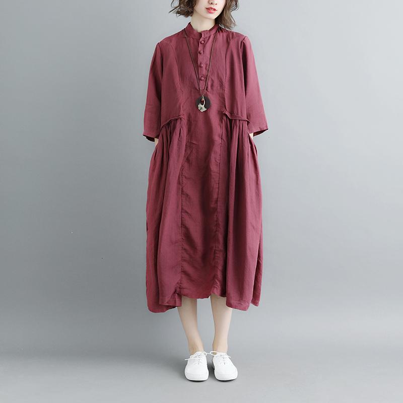 Summer Short Sleeve Buttons Pockets Purple Pleated Retro Dress