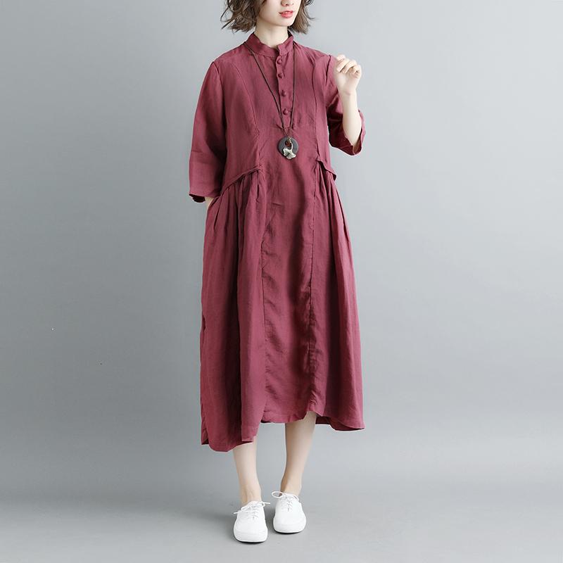 Summer Short Sleeve Buttons Pockets Purple Pleated Retro Dress