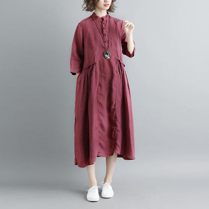 Summer Short Sleeve Buttons Pockets Purple Pleated Retro Dress