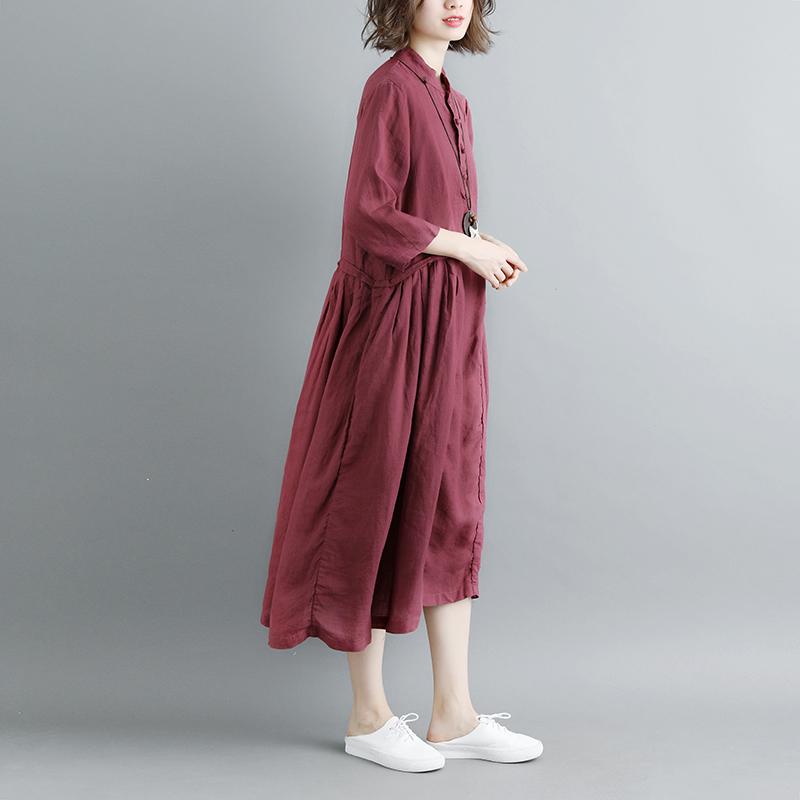 Summer Short Sleeve Buttons Pockets Purple Pleated Retro Dress