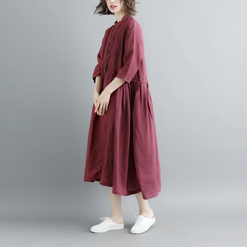 Summer Short Sleeve Buttons Pockets Purple Pleated Retro Dress