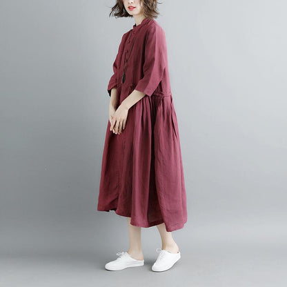Summer Short Sleeve Buttons Pockets Purple Pleated Retro Dress