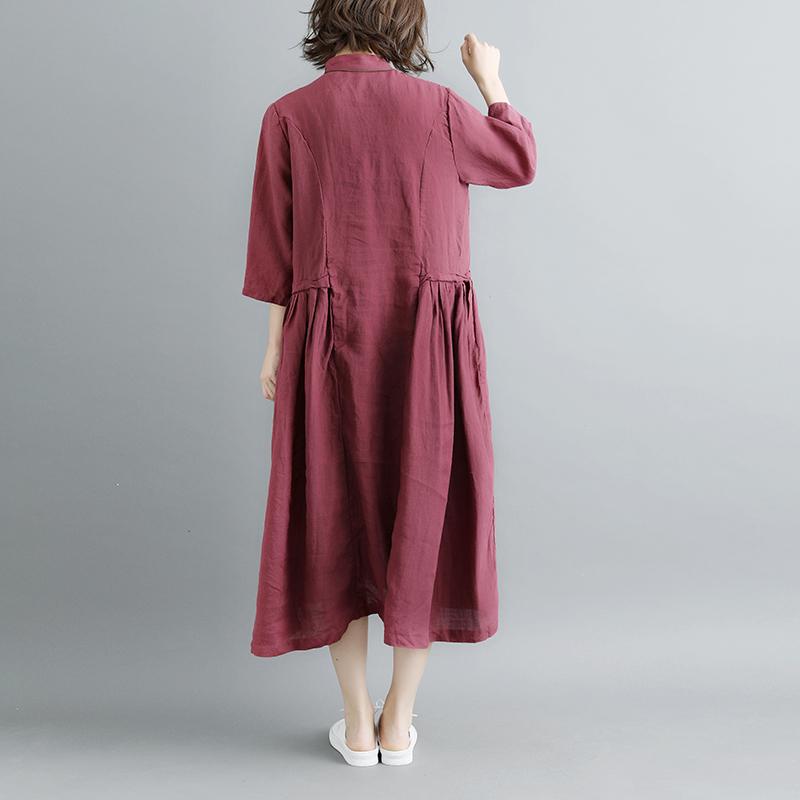 Summer Short Sleeve Buttons Pockets Purple Pleated Retro Dress