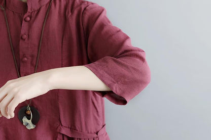 Summer Short Sleeve Buttons Pockets Purple Pleated Retro Dress