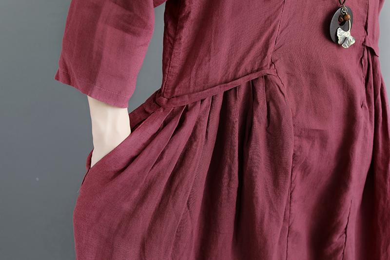 Summer Short Sleeve Buttons Pockets Purple Pleated Retro Dress