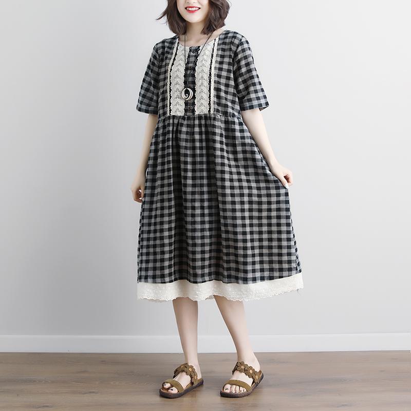 Lacing Short Sleeve Plaid Pockets Retro Casual Gray Dress