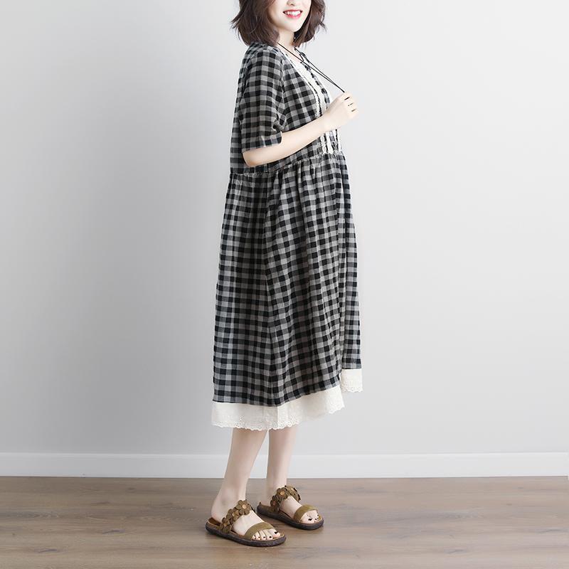 Lacing Short Sleeve Plaid Pockets Retro Casual Gray Dress