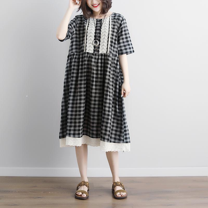 Lacing Short Sleeve Plaid Pockets Retro Casual Gray Dress