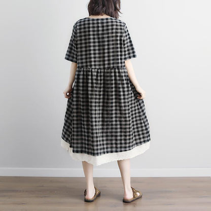 Lacing Short Sleeve Plaid Pockets Retro Casual Gray Dress