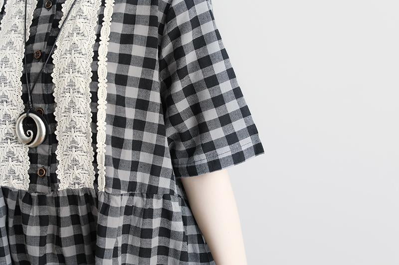 Lacing Short Sleeve Plaid Pockets Retro Casual Gray Dress