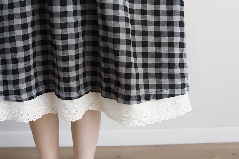 Lacing Short Sleeve Plaid Pockets Retro Casual Gray Dress
