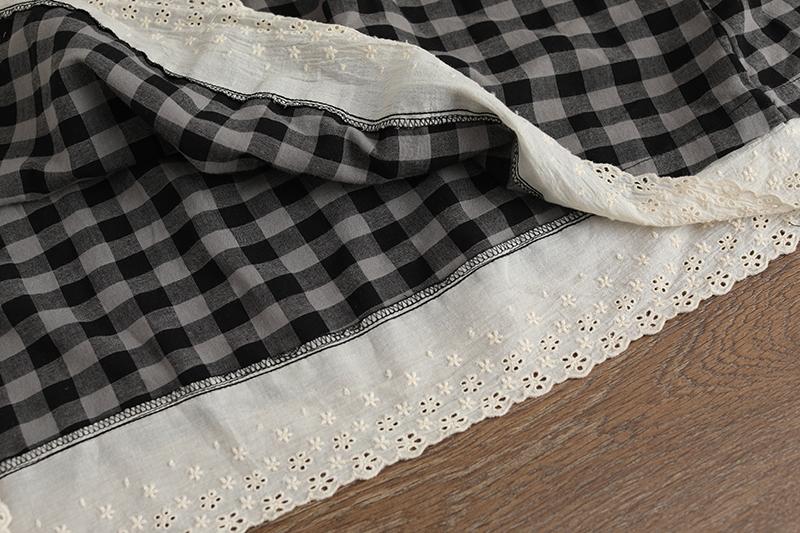 Lacing Short Sleeve Plaid Pockets Retro Casual Gray Dress