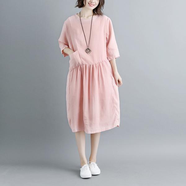 Summer Short Sleeve Pockets Pleated Women Dress
