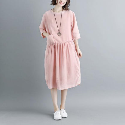Summer Short Sleeve Pockets Pleated Women Dress