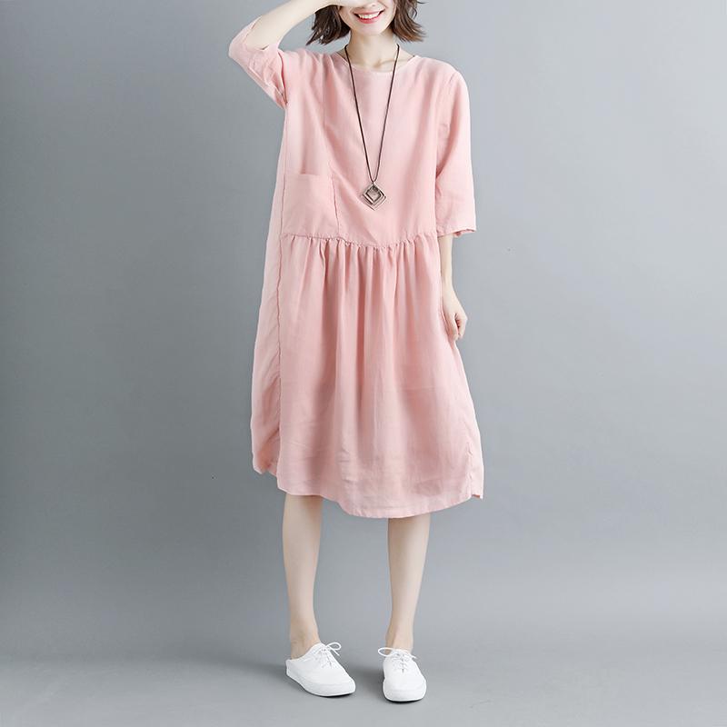 Summer Short Sleeve Pink Pockets Pleated Women Dress