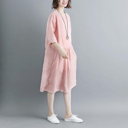 Summer Short Sleeve Pink Pockets Pleated Women Dress