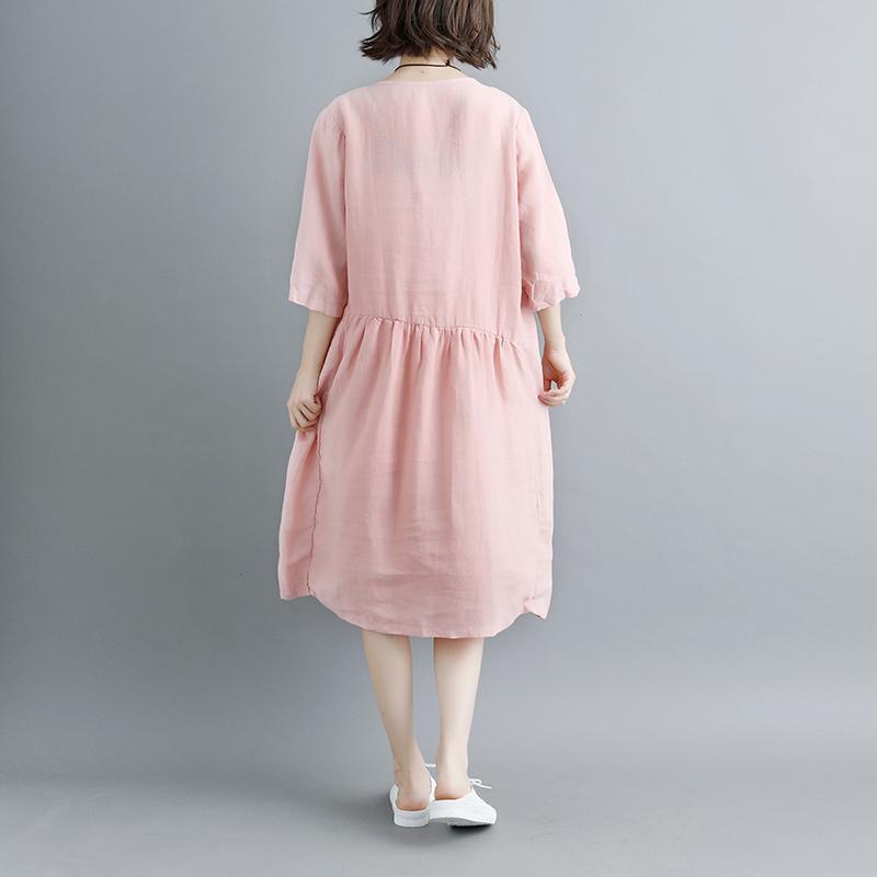 Summer Short Sleeve Pink Pockets Pleated Women Dress
