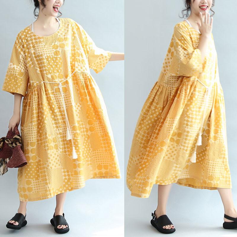 Round Neck Printing Lacing Summer Women Yellow Dress