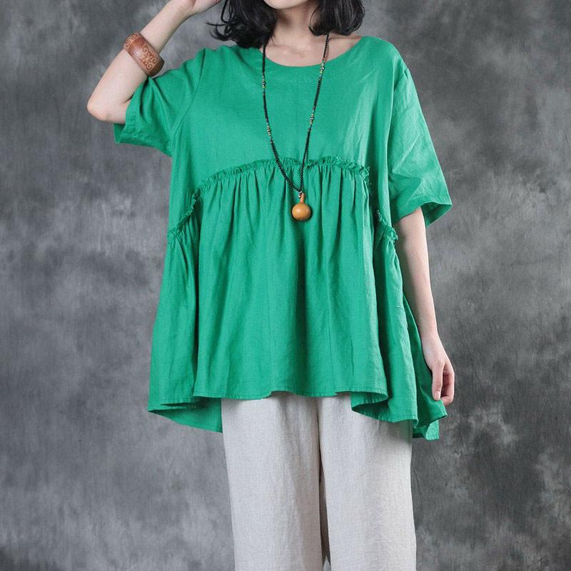 Women Splicing Pleated Short Sleeves Loose Women Green Shirt