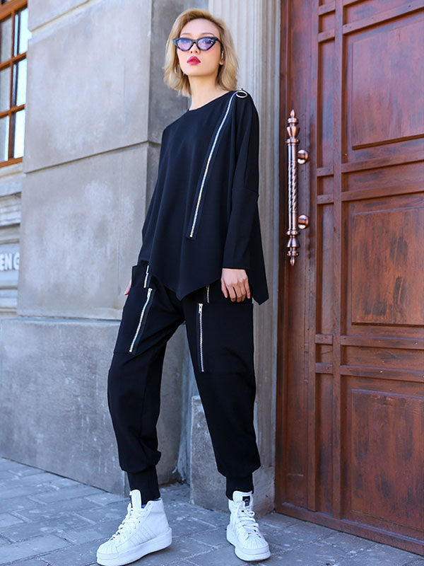 Loose Solid Pocket Zipper Overall Pants