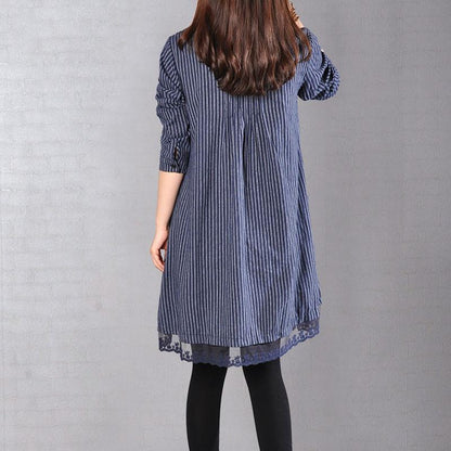 Loose Cotton Printing Lace Hem Blue Dress