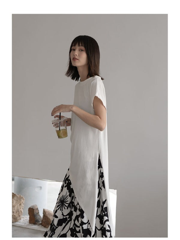 LOOSE COPPED COTTON CHIC DESIGNED LONG T-SHIRTS