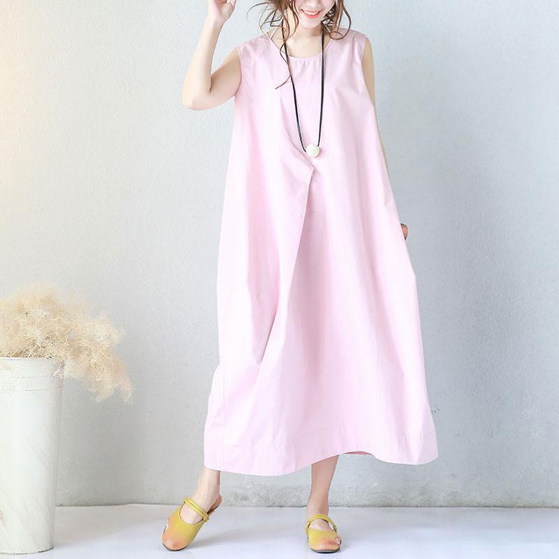 Women Summer Round Neck Cotton Loose Literature Sleeveless Pink Dress