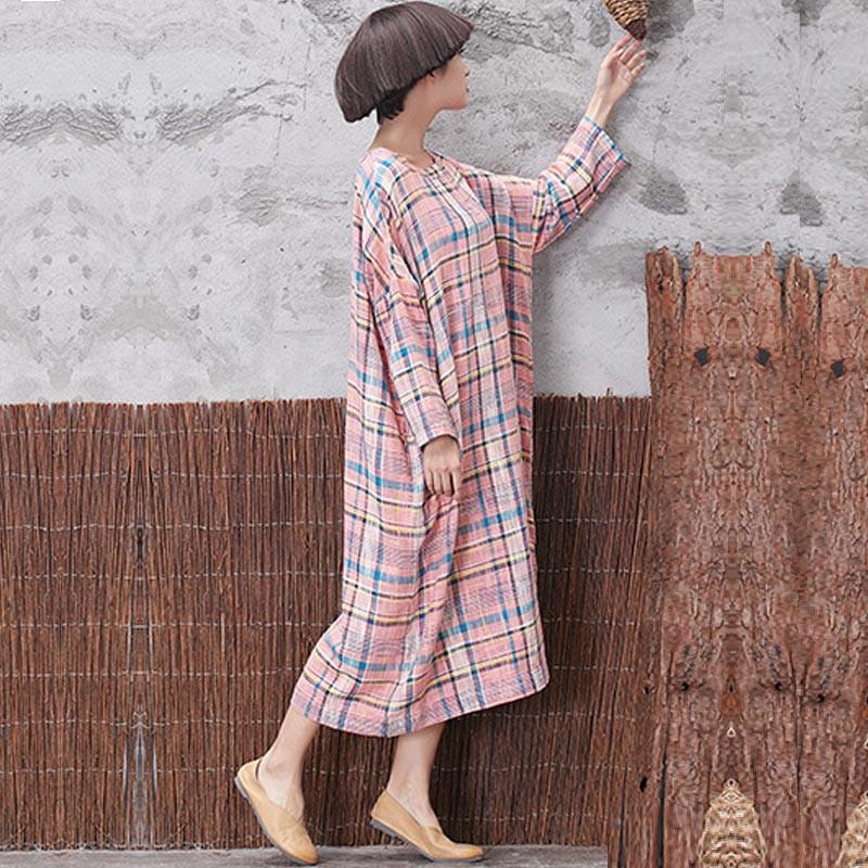 Classic Lattice Linen Loose Women Long Sleeve Pink Dress