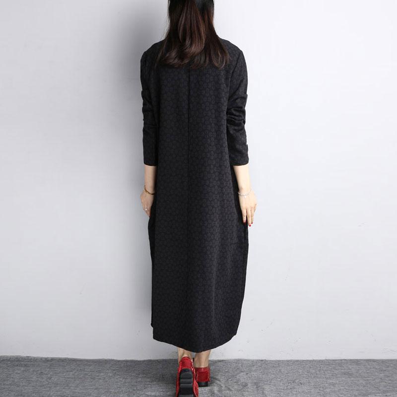 Cotton Linen Jacquard V Neck Long Sleeves Black Autumn Winter Dress For Women