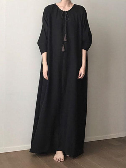 Black Vintage Daily Long Dress with Ropes on the Neck