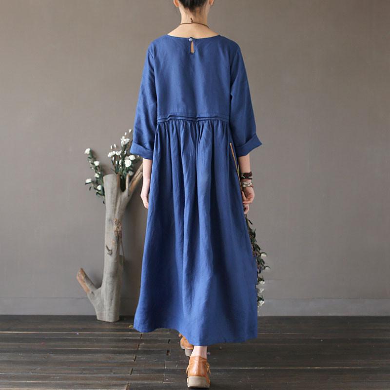 Linen Round Neck Loose High Waist Dark Blue Dress