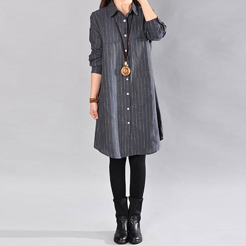 Casual Loose Stripe Cotton Blue Shirt