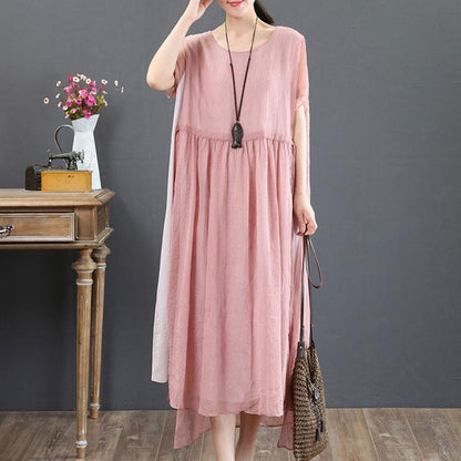 Round Neck Casual Summer Short Sleeve Pink Loose Dress