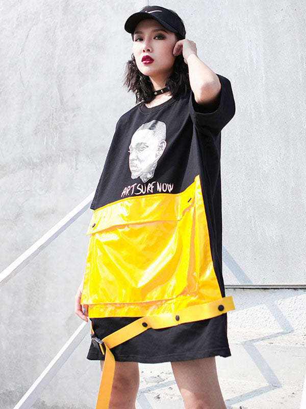 LOOSE SPLIT-JOINT COLOR-BLOCK POCKET T-SHIRT