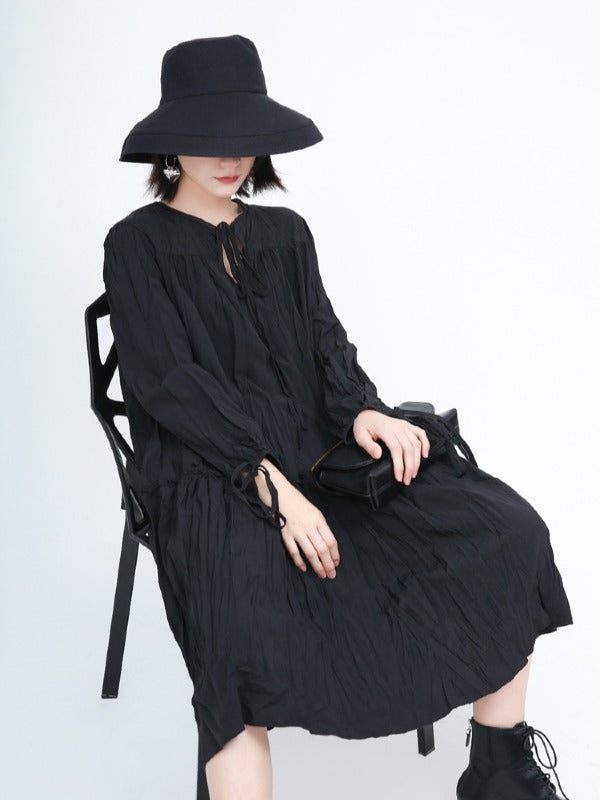 Loose Solid Pleated Lace Up Dress