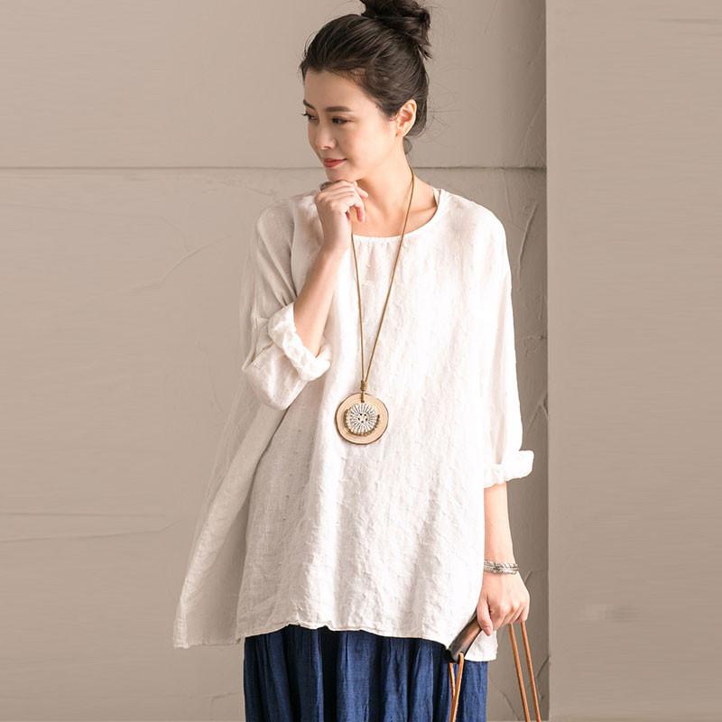 Linen Bat Sleeve Round Neck Loose White Shirt