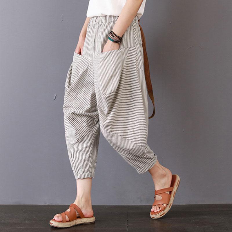 Summer Women Casual Stripe Long Beige Pants