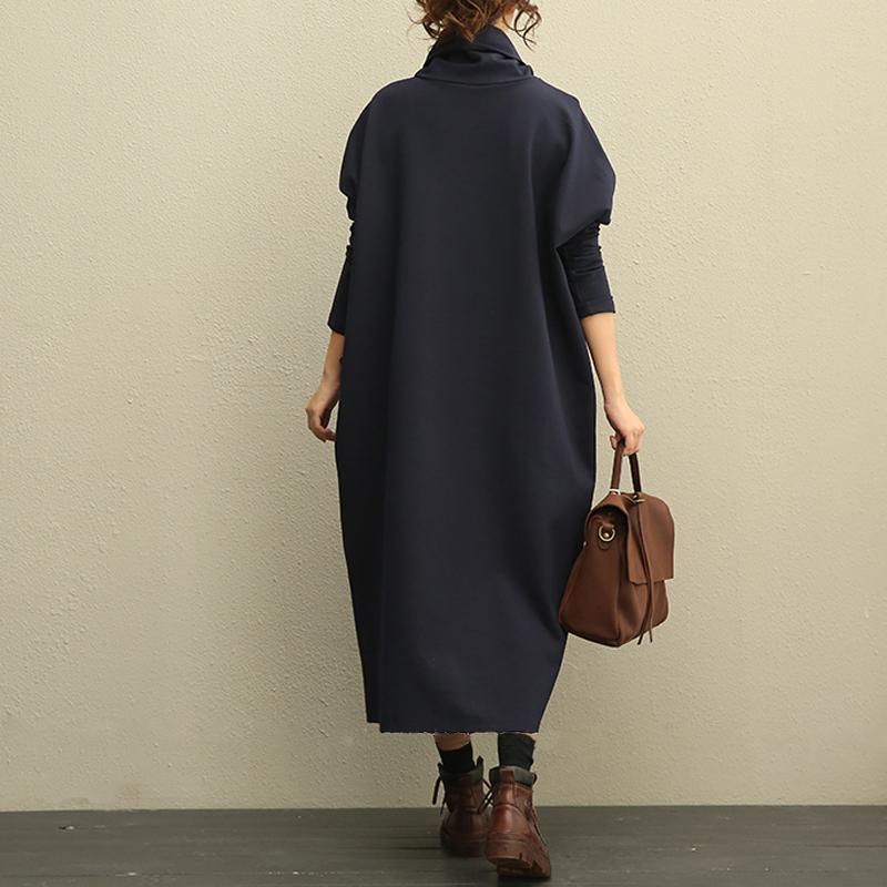 Literature Turtle Neck Long Sleeves Cotton Spandex Navy Blue Women Dress