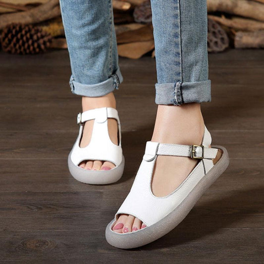 Summer Flat Heel Cow Leather Shoes Portable White Sandals