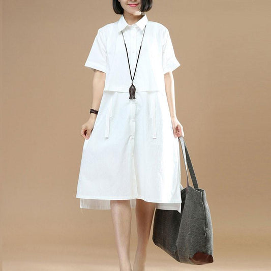 Summer Short Sleeves Women Irregular Lacing White Dress
