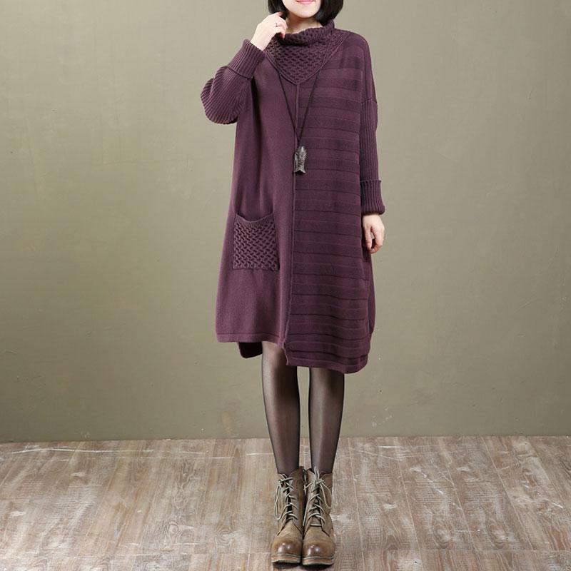 Women Fall Winter Long Sleeve Irregular Purple Sweater Dress