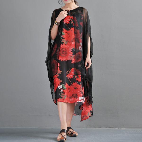 Summer Fake Two Pieces Yellow Flower Printed Bat Sleeve Dress