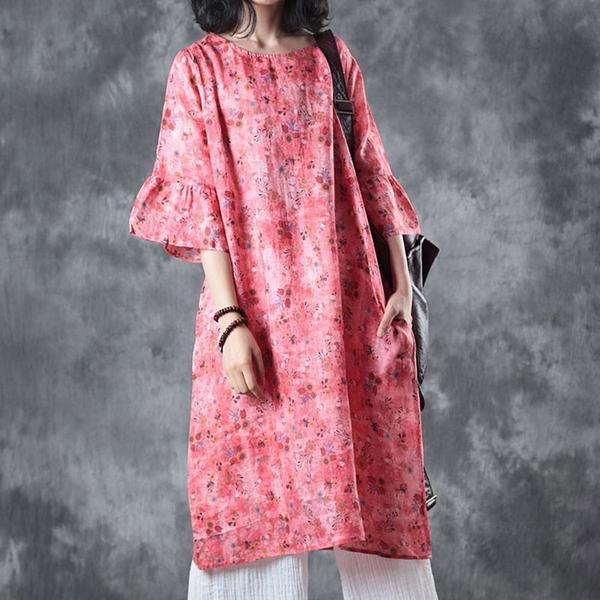 Women Round Neck 1/2 Sleeve Loose Dress