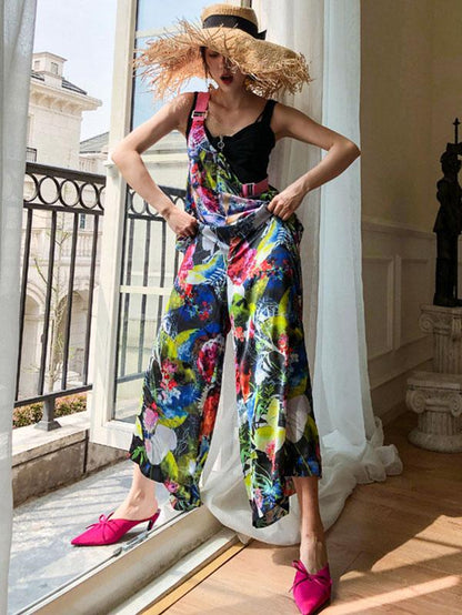 Retro Flower Printed V-neck Jumpsuit