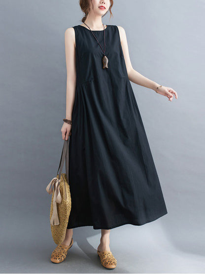 Simple Casual Loose Solid Color Pleated Midi Dress