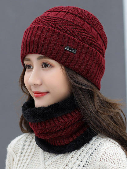 Winter Knitting Solid Color Keep Warm Scarf&Hat Two Pieces Set
